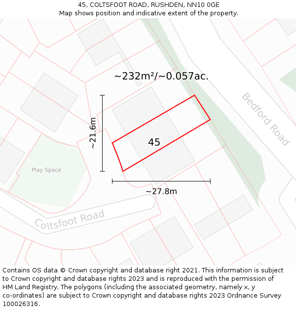 45, COLTSFOOT ROAD, RUSHDEN, NN10 0GE: Plot and title map