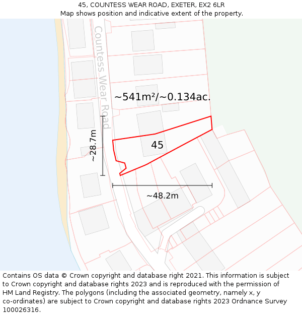 45, COUNTESS WEAR ROAD, EXETER, EX2 6LR: Plot and title map