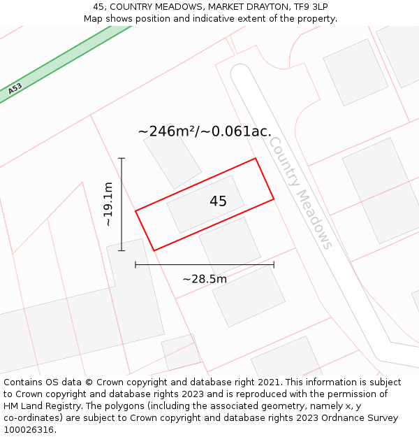 45, COUNTRY MEADOWS, MARKET DRAYTON, TF9 3LP: Plot and title map