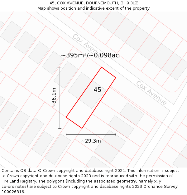 45, COX AVENUE, BOURNEMOUTH, BH9 3LZ: Plot and title map