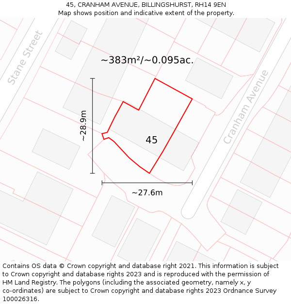 45, CRANHAM AVENUE, BILLINGSHURST, RH14 9EN: Plot and title map