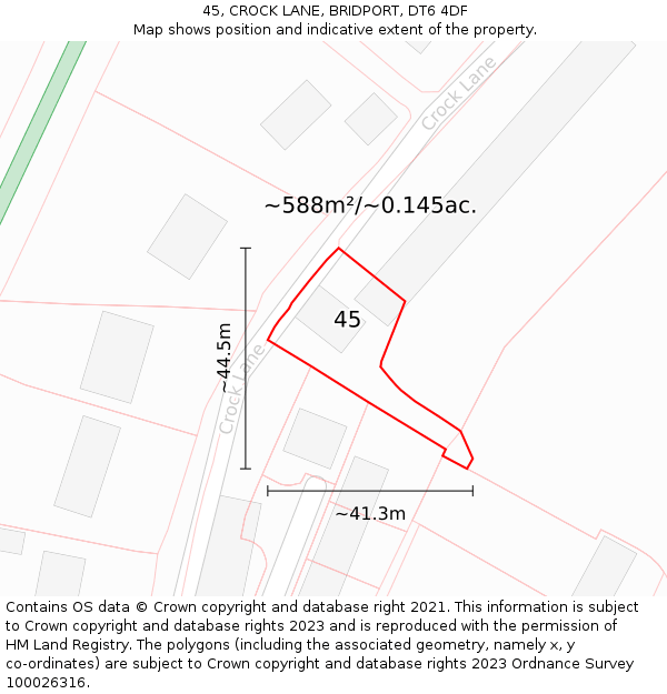 45, CROCK LANE, BRIDPORT, DT6 4DF: Plot and title map