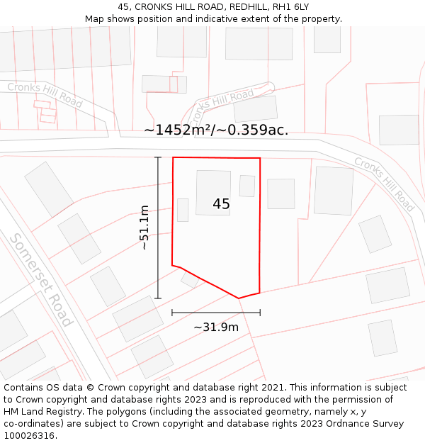 45, CRONKS HILL ROAD, REDHILL, RH1 6LY: Plot and title map