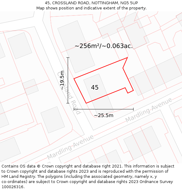 45, CROSSLAND ROAD, NOTTINGHAM, NG5 5UP: Plot and title map