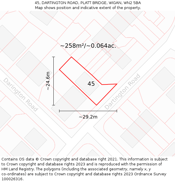 45, DARTINGTON ROAD, PLATT BRIDGE, WIGAN, WN2 5BA: Plot and title map