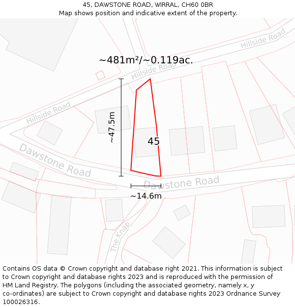 45, DAWSTONE ROAD, WIRRAL, CH60 0BR: Plot and title map