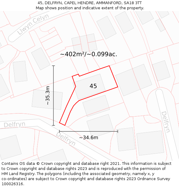 45, DELFRYN, CAPEL HENDRE, AMMANFORD, SA18 3TT: Plot and title map