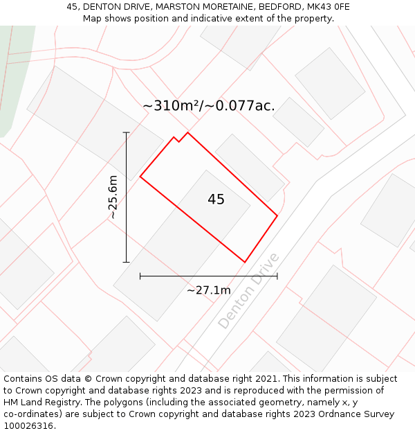 45, DENTON DRIVE, MARSTON MORETAINE, BEDFORD, MK43 0FE: Plot and title map