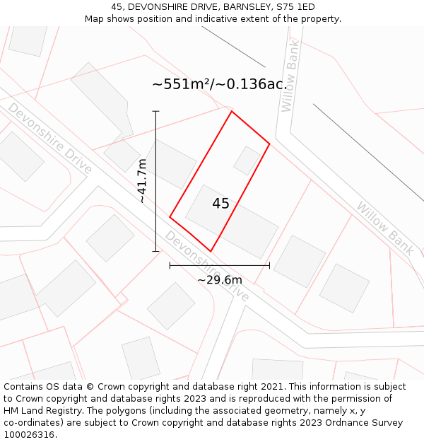 45, DEVONSHIRE DRIVE, BARNSLEY, S75 1ED: Plot and title map