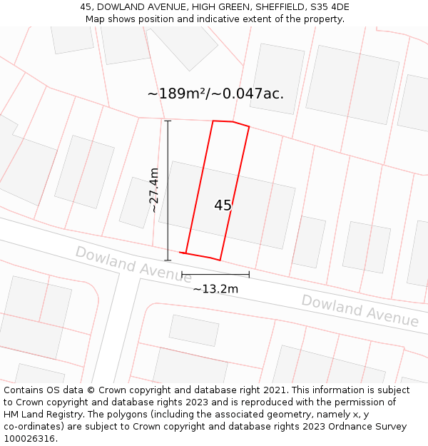 45, DOWLAND AVENUE, HIGH GREEN, SHEFFIELD, S35 4DE: Plot and title map