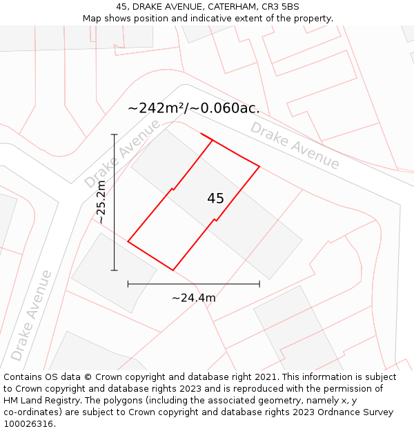 45, DRAKE AVENUE, CATERHAM, CR3 5BS: Plot and title map