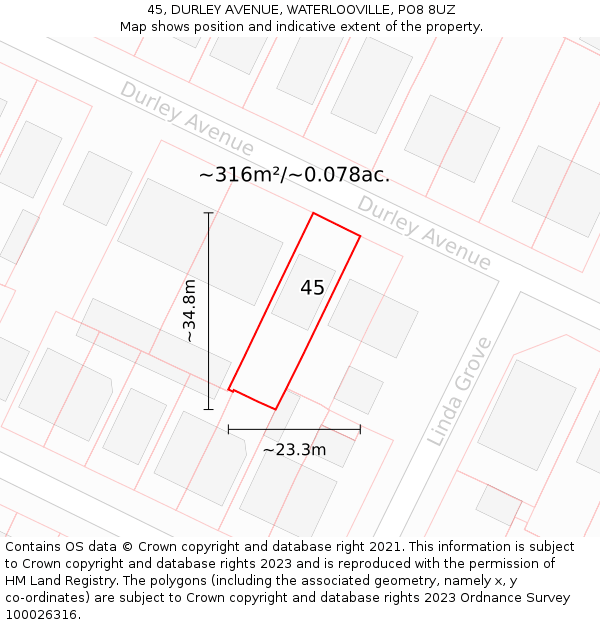 45, DURLEY AVENUE, WATERLOOVILLE, PO8 8UZ: Plot and title map