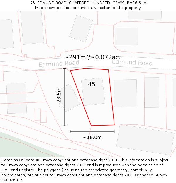 45, EDMUND ROAD, CHAFFORD HUNDRED, GRAYS, RM16 6HA: Plot and title map