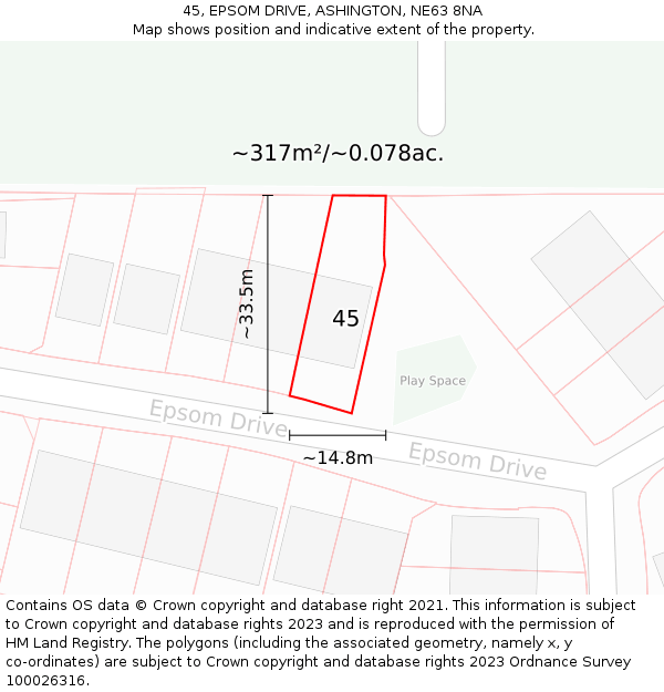 45, EPSOM DRIVE, ASHINGTON, NE63 8NA: Plot and title map