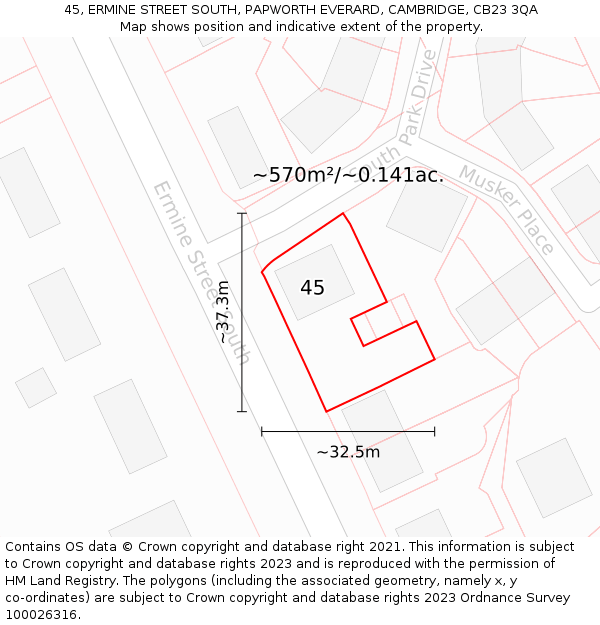 45, ERMINE STREET SOUTH, PAPWORTH EVERARD, CAMBRIDGE, CB23 3QA: Plot and title map