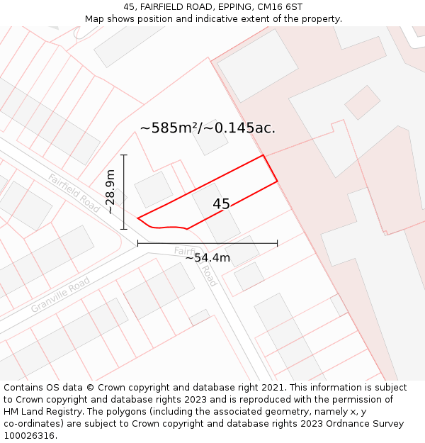 45, FAIRFIELD ROAD, EPPING, CM16 6ST: Plot and title map