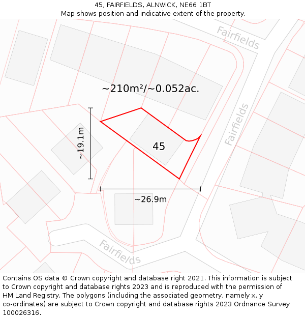 45, FAIRFIELDS, ALNWICK, NE66 1BT: Plot and title map