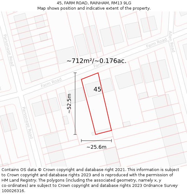 45, FARM ROAD, RAINHAM, RM13 9LG: Plot and title map