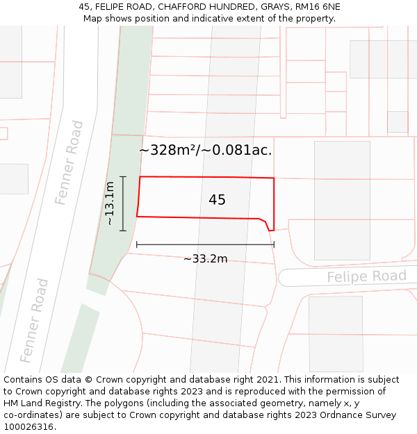 45, FELIPE ROAD, CHAFFORD HUNDRED, GRAYS, RM16 6NE: Plot and title map