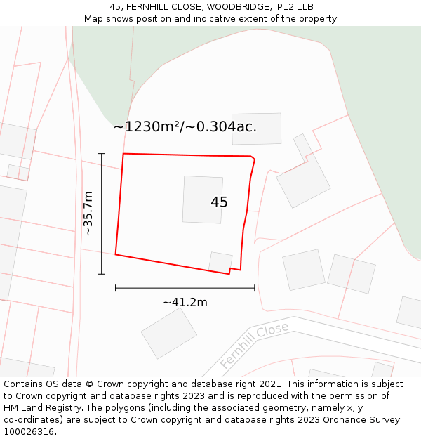 45, FERNHILL CLOSE, WOODBRIDGE, IP12 1LB: Plot and title map
