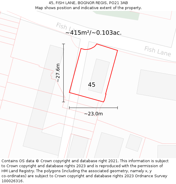 45, FISH LANE, BOGNOR REGIS, PO21 3AB: Plot and title map