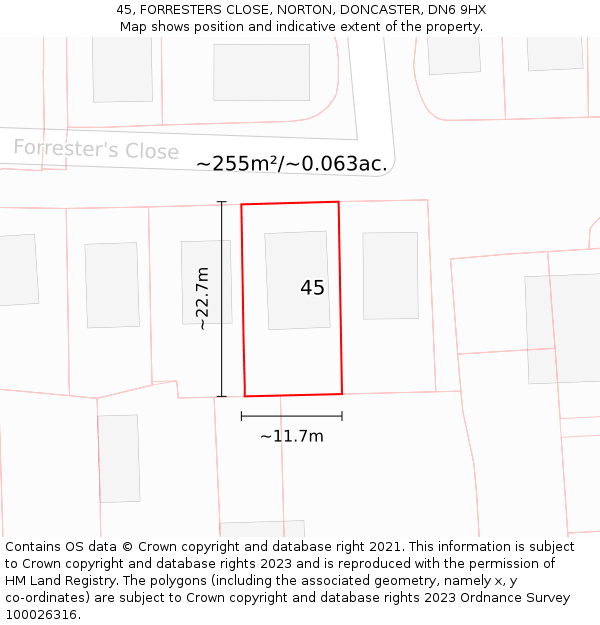 45, FORRESTERS CLOSE, NORTON, DONCASTER, DN6 9HX: Plot and title map