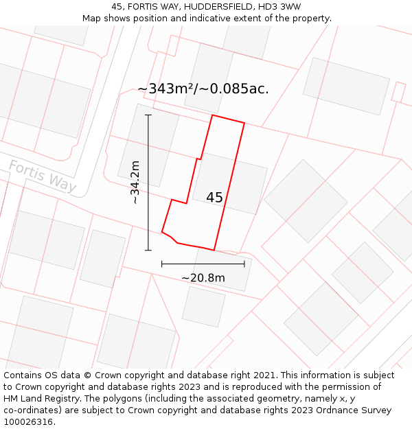 45, FORTIS WAY, HUDDERSFIELD, HD3 3WW: Plot and title map