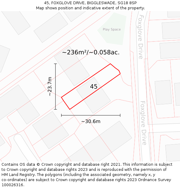 45, FOXGLOVE DRIVE, BIGGLESWADE, SG18 8SP: Plot and title map