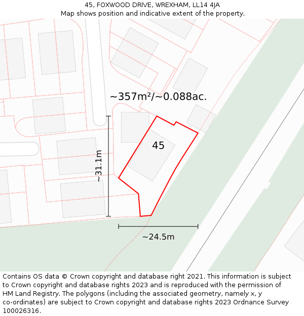 45, FOXWOOD DRIVE, WREXHAM, LL14 4JA: Plot and title map