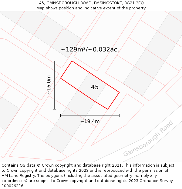 45, GAINSBOROUGH ROAD, BASINGSTOKE, RG21 3EQ: Plot and title map