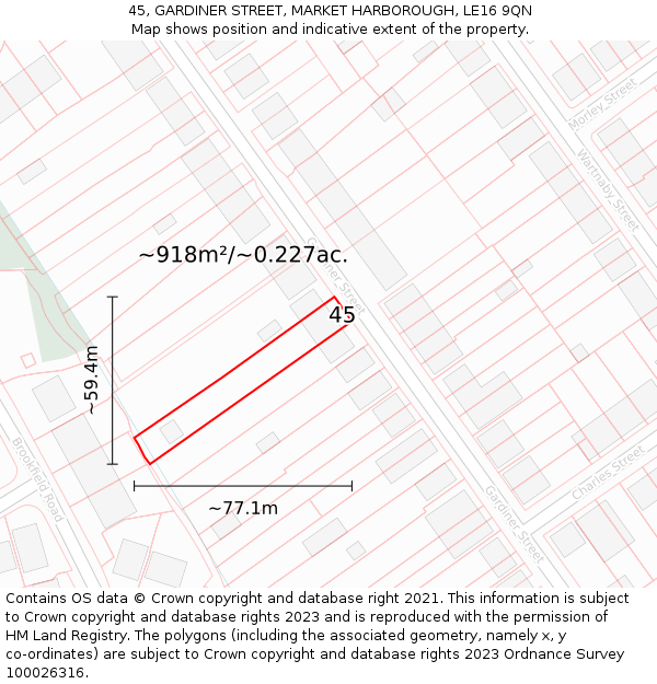 45, GARDINER STREET, MARKET HARBOROUGH, LE16 9QN: Plot and title map