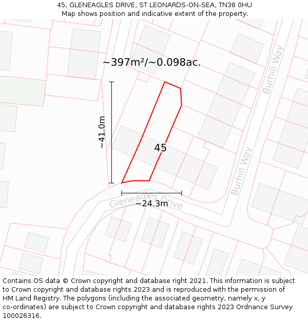 45, GLENEAGLES DRIVE, ST LEONARDS-ON-SEA, TN38 0HU: Plot and title map