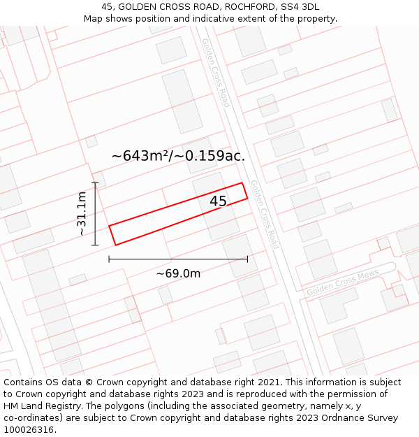 45, GOLDEN CROSS ROAD, ROCHFORD, SS4 3DL: Plot and title map