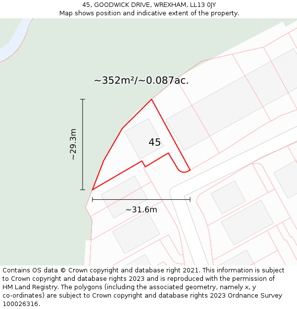 45, GOODWICK DRIVE, WREXHAM, LL13 0JY: Plot and title map