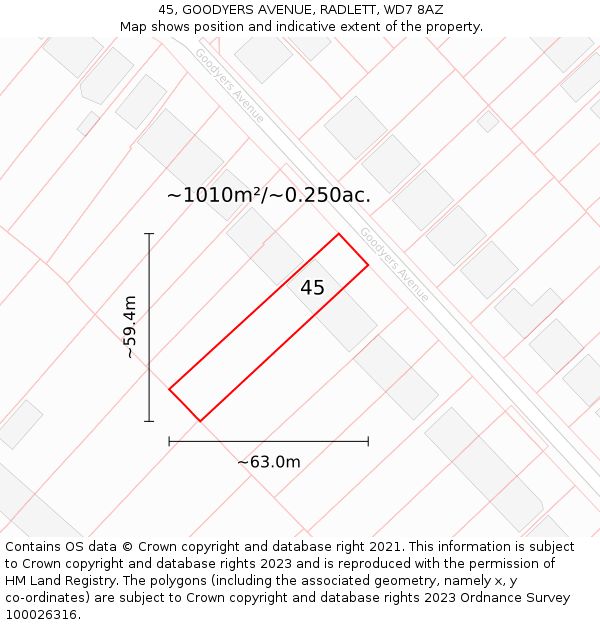 45, GOODYERS AVENUE, RADLETT, WD7 8AZ: Plot and title map