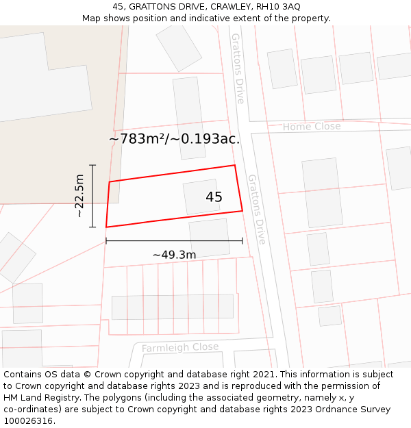 45, GRATTONS DRIVE, CRAWLEY, RH10 3AQ: Plot and title map