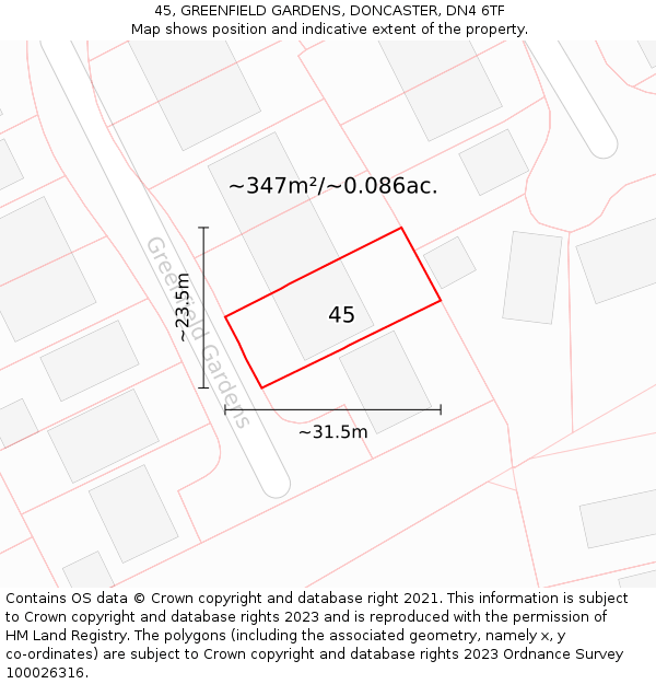 45, GREENFIELD GARDENS, DONCASTER, DN4 6TF: Plot and title map