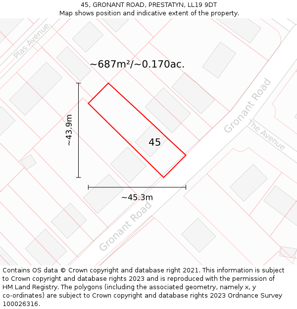 45, GRONANT ROAD, PRESTATYN, LL19 9DT: Plot and title map