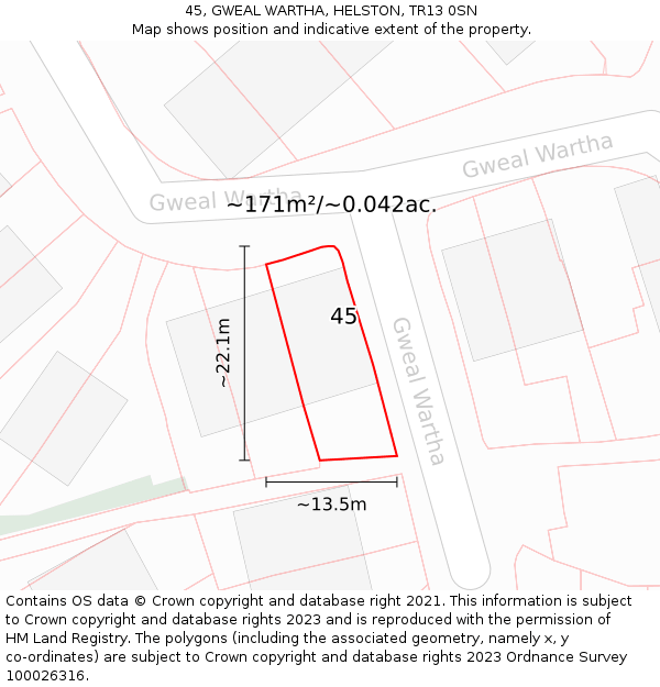 45, GWEAL WARTHA, HELSTON, TR13 0SN: Plot and title map