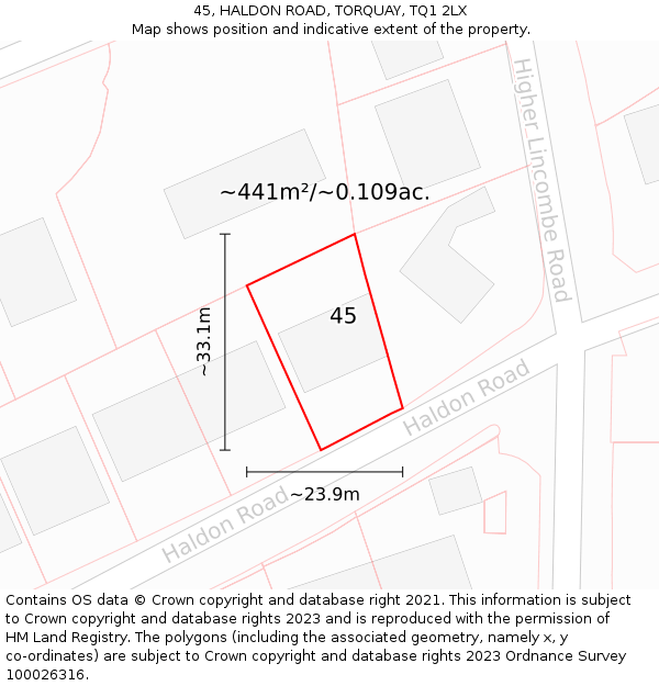 45, HALDON ROAD, TORQUAY, TQ1 2LX: Plot and title map