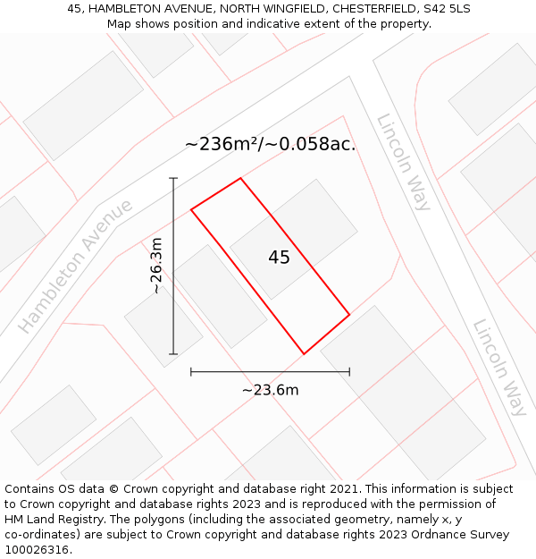 45, HAMBLETON AVENUE, NORTH WINGFIELD, CHESTERFIELD, S42 5LS: Plot and title map