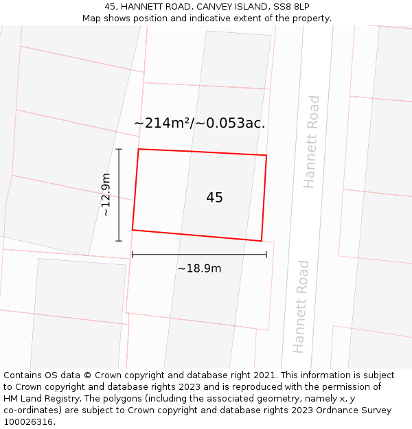 45, HANNETT ROAD, CANVEY ISLAND, SS8 8LP: Plot and title map