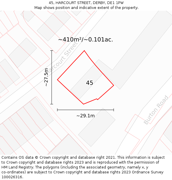45, HARCOURT STREET, DERBY, DE1 1PW: Plot and title map