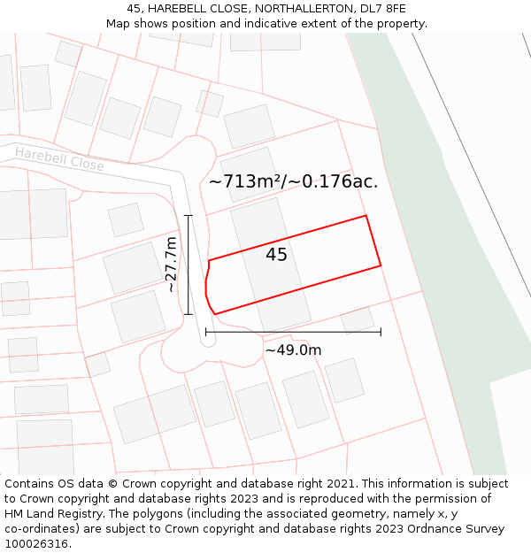 45, HAREBELL CLOSE, NORTHALLERTON, DL7 8FE: Plot and title map