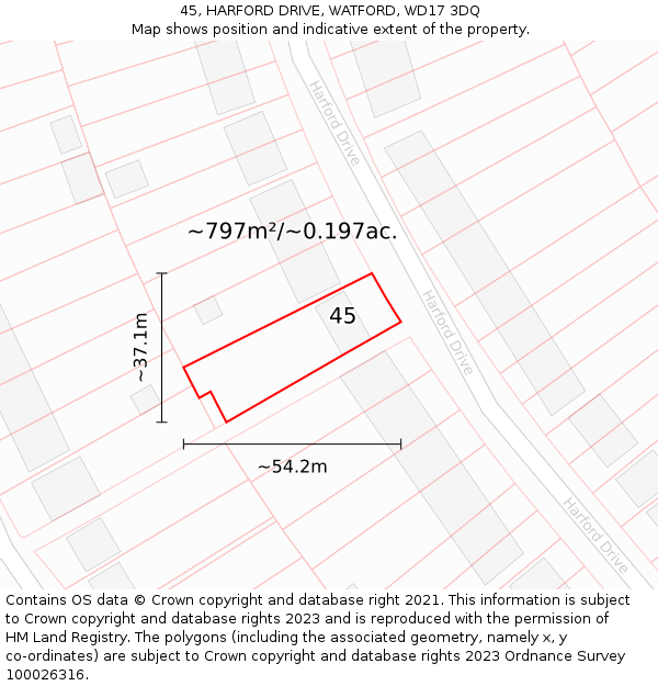 45, HARFORD DRIVE, WATFORD, WD17 3DQ: Plot and title map