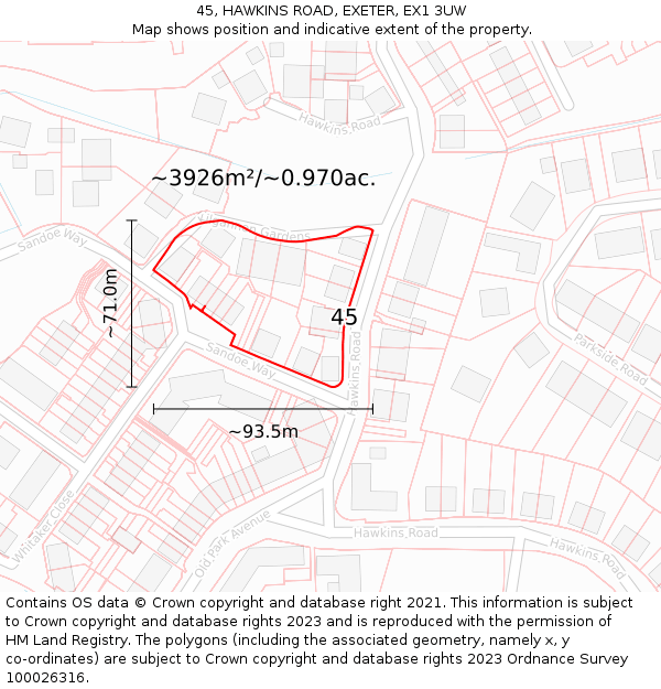 45, HAWKINS ROAD, EXETER, EX1 3UW: Plot and title map