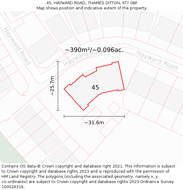 45, HAYWARD ROAD, THAMES DITTON, KT7 0BF: Plot and title map