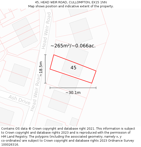 45, HEAD WEIR ROAD, CULLOMPTON, EX15 1NN: Plot and title map