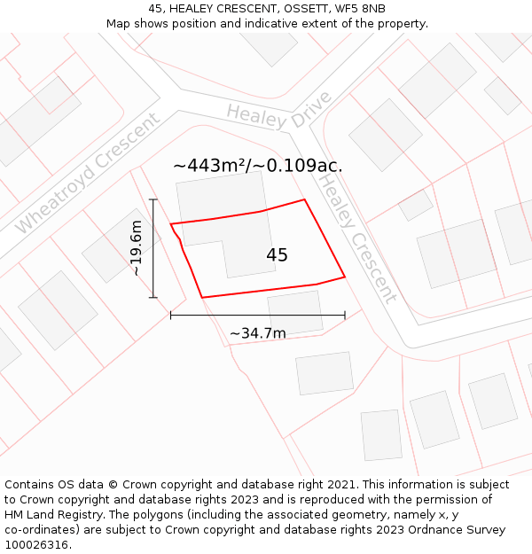 45, HEALEY CRESCENT, OSSETT, WF5 8NB: Plot and title map