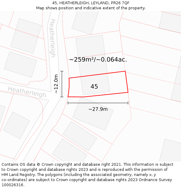 45, HEATHERLEIGH, LEYLAND, PR26 7QF: Plot and title map